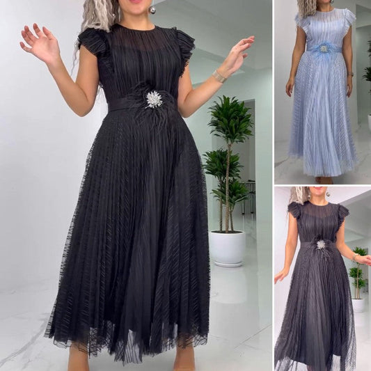 2024 Summer Fashion New Style Flying Sleeves Round Neck Waist Pleated Dress