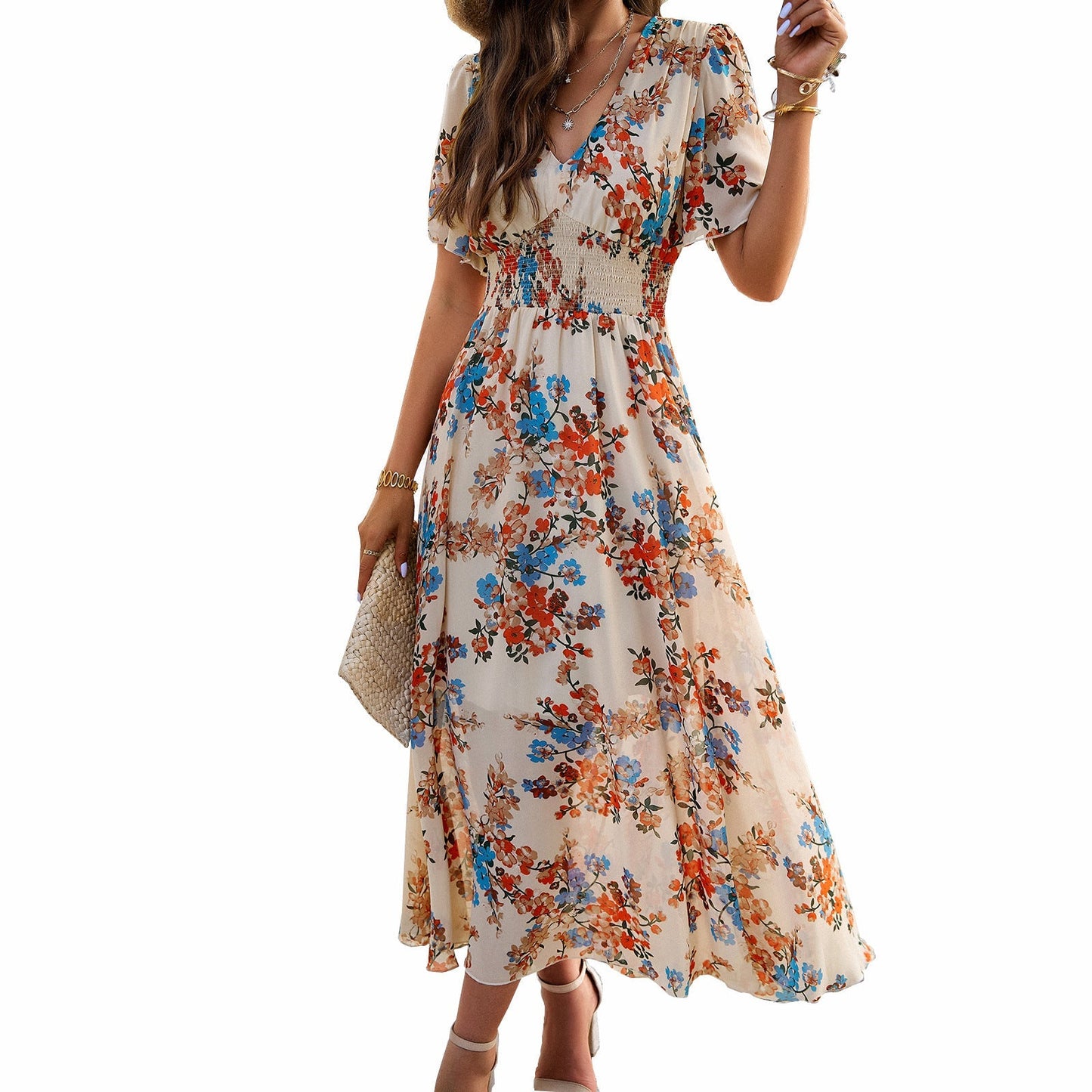 Temperament Printed Waisted Short Sleeve Dress