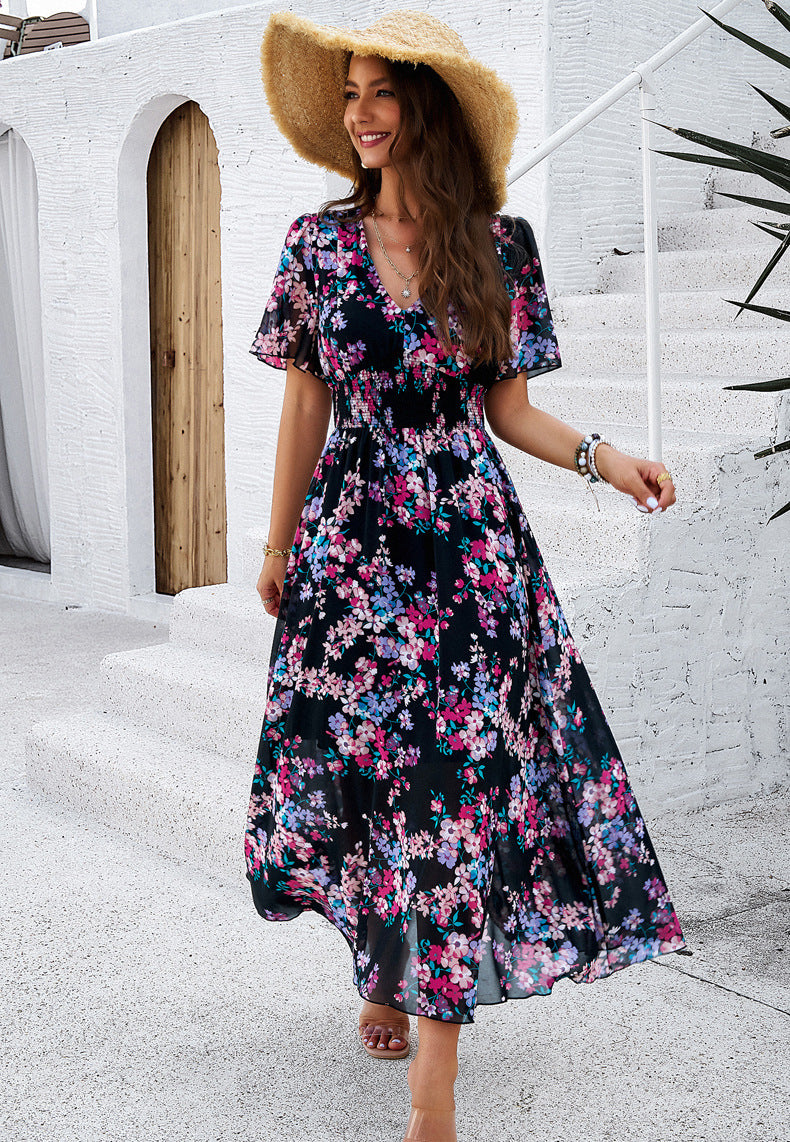 Temperament Printed Waisted Short Sleeve Dress