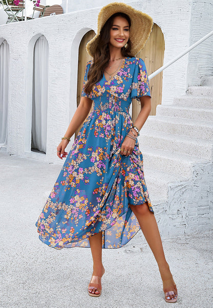 Temperament Printed Waisted Short Sleeve Dress