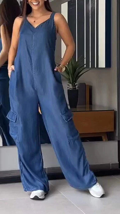 ✨️💙LAST DAY SALE 49% OFF✨️💙Thin Denim Cargo Pocket V-neck Jumpsuit