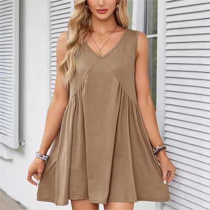 Women’s V-Neck Sleeveless Vest Loose pleated Dress