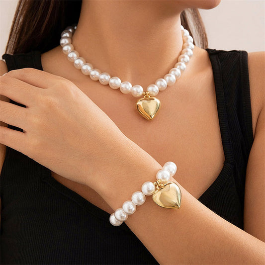 Heart Pendant Beads Chunky Necklace & Bracelet Set