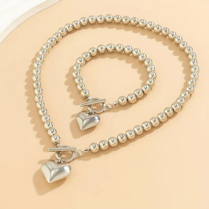 Heart Pendant Beads Chunky Necklace & Bracelet Set