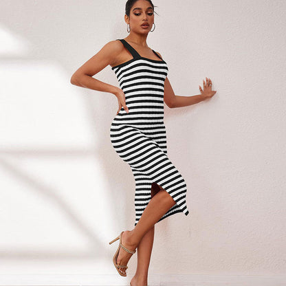 Split Sleeveless Square Neck Striped Bodycon Dress