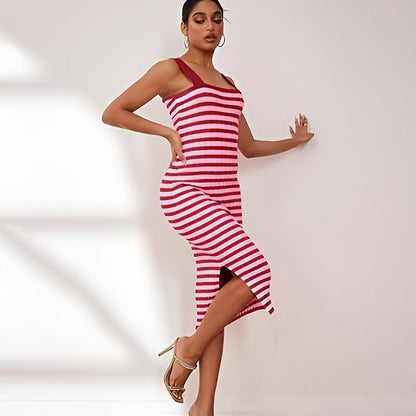 Split Sleeveless Square Neck Striped Bodycon Dress