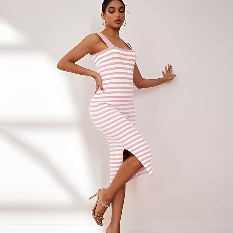 Split Sleeveless Square Neck Striped Bodycon Dress