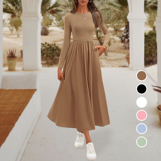 Elegant Solid Color Round Neck A-line Pleated Dress