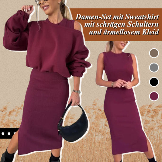 🍂Damen-Set mit Sweatshirt mit schrägen Schultern und ärmellosem Kleid