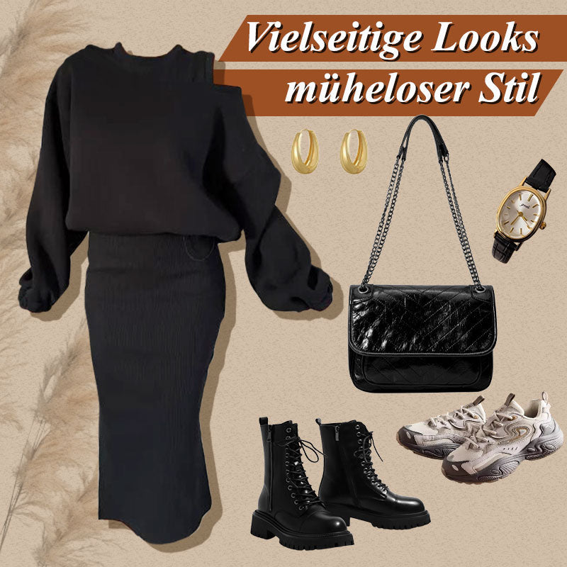 🍂Damen-Set mit Sweatshirt mit schrägen Schultern und ärmellosem Kleid