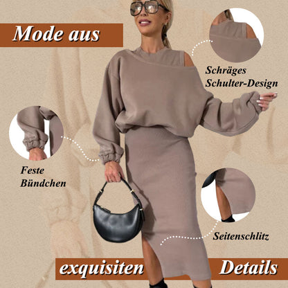 🍂Damen-Set mit Sweatshirt mit schrägen Schultern und ärmellosem Kleid