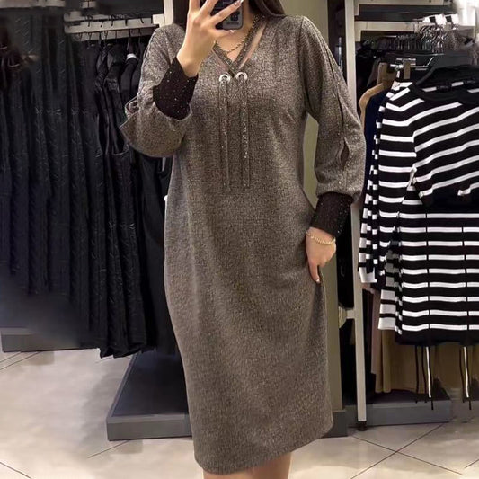 🎅Weihnachtsaktion🎁Langärmeliges Kleid mit V-Ausschnitt und Kordelzug für Frauen