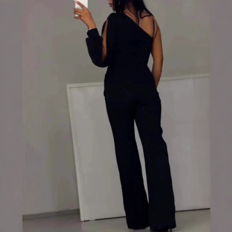 Damen-One-Shoulder-Jumpsuits aus glitzerndem Mesh mit ausgestelltem Oberteil