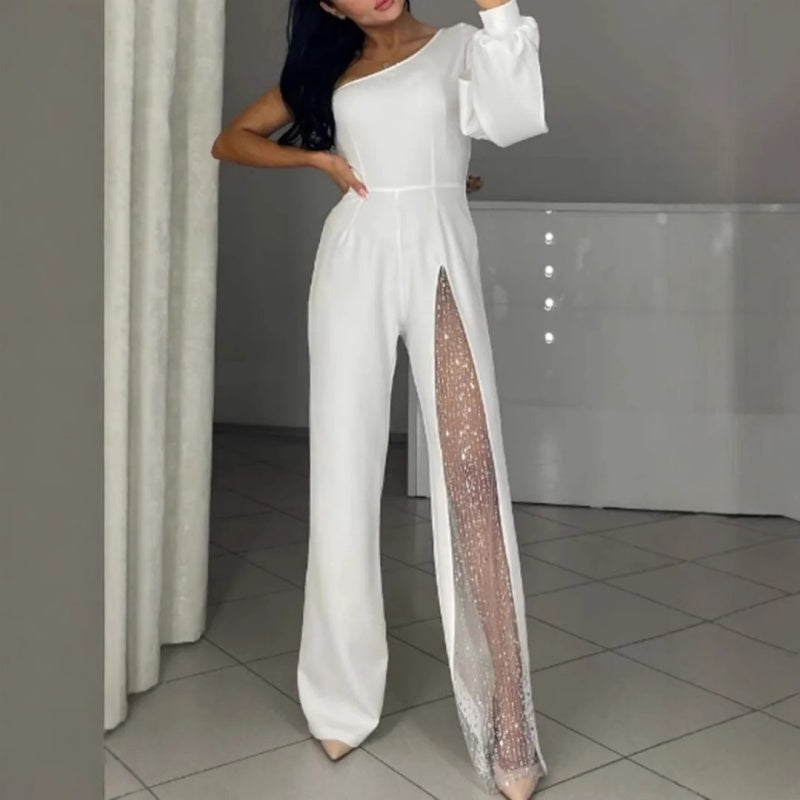 Damen-One-Shoulder-Jumpsuits aus glitzerndem Mesh mit ausgestelltem Oberteil