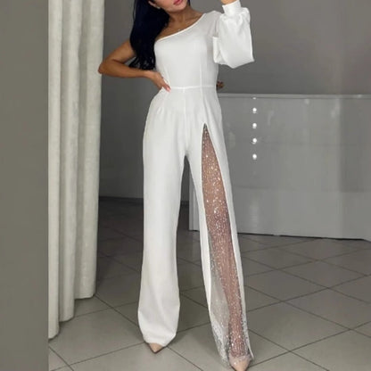 Damen-One-Shoulder-Jumpsuits aus glitzerndem Mesh mit ausgestelltem Oberteil