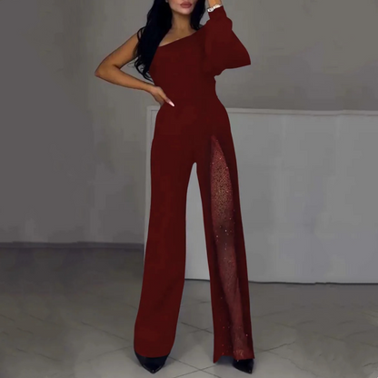 Damen-One-Shoulder-Jumpsuits aus glitzerndem Mesh mit ausgestelltem Oberteil