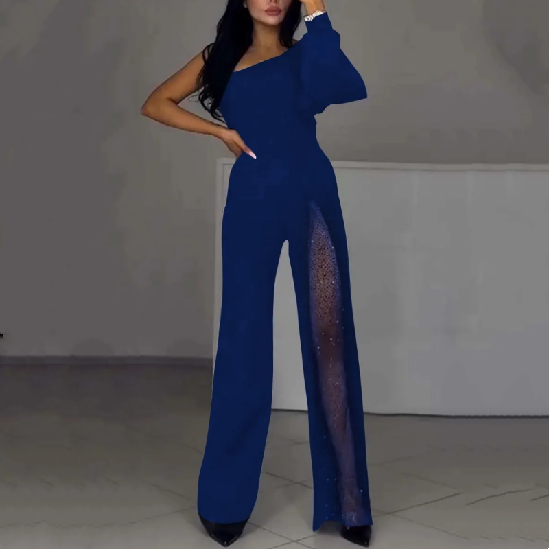 Damen-One-Shoulder-Jumpsuits aus glitzerndem Mesh mit ausgestelltem Oberteil