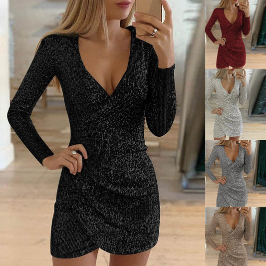 Glitzerndes Pailletten-Bodycon-Kleid mit V-Ausschnitt für Damen