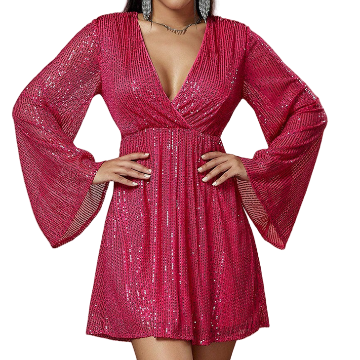 V-neck Long Sleeve Sequin Dress