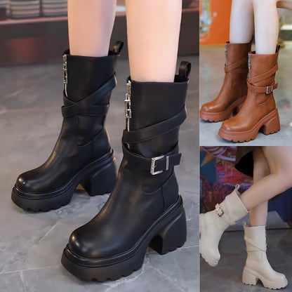 Women’s Plush-Lined Chunky Heel Mid-Calf Boots