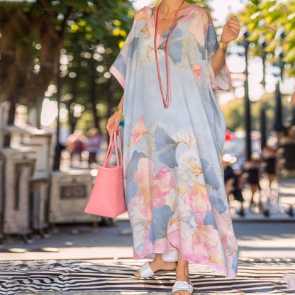 Lockeres langes Kleid mit Blumenmuster und halblangen Ärmeln